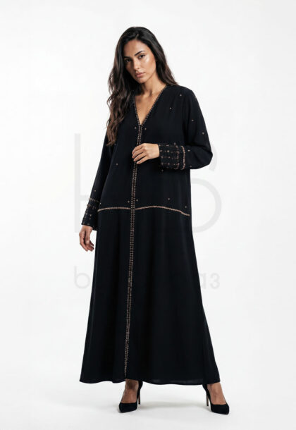 ED-19 | Black Open Abaya with Gold Geometric Stud Embellishments