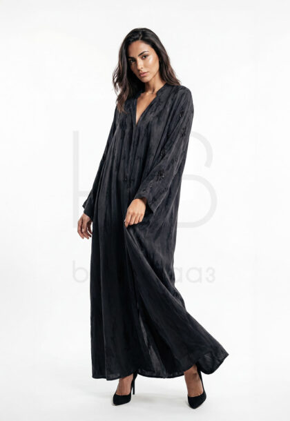 EH-11 | Dark Grey Crushed Textured Abaya with Scattered Beading