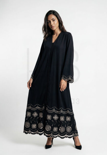 EH-33 | Black Open Abaya with Gold Floral Embroidery and Scalloped Hem Detail