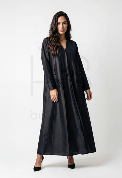EH-6 | Black Satin Open Abaya with Glossy Bead Embellishment