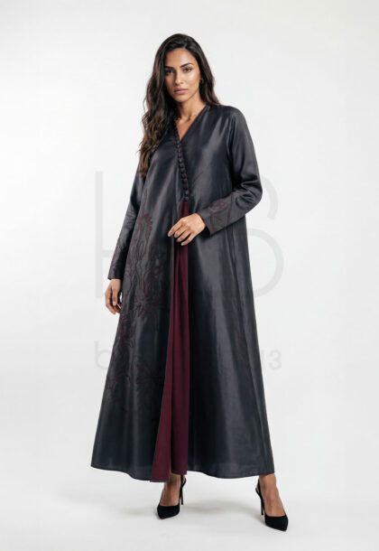 EID-1 | Charcoal Open Abaya with Burgundy Inner and Floral Embroidery