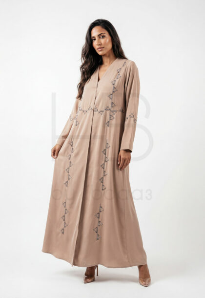 EID-12 | Beige Open Abaya with Geometric Triangle Embroidery
