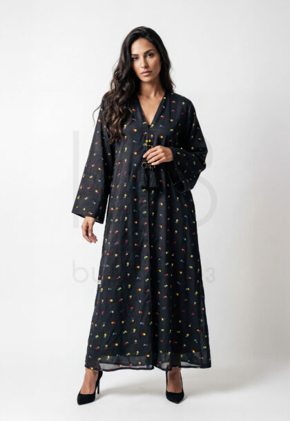 EID-17 | Black Open Abaya with Scattered Floral Embroidery and Tassel