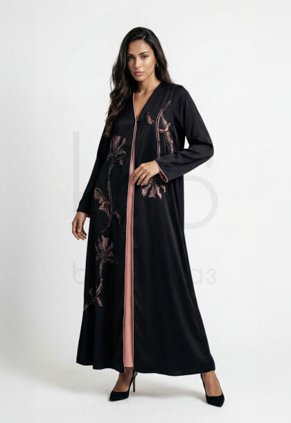 EID-24 | Black Open Abaya with Dusty Rose Floral Embroidery and Pink Panel