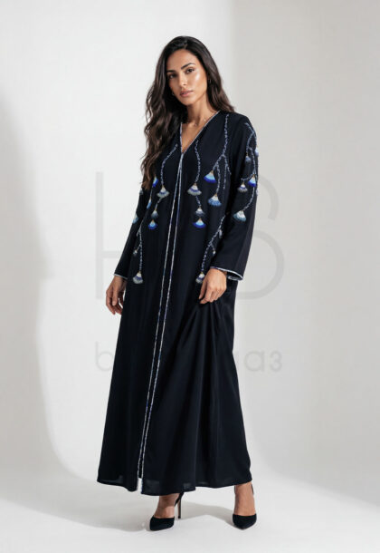 EID-26 | Navy Blue Open Abaya with Tassel Bead Embroidery