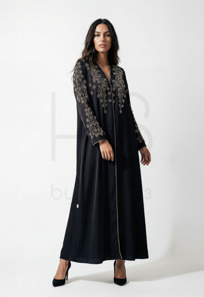 EID-30 | Black Open Abaya with Gold Floral Embroidery