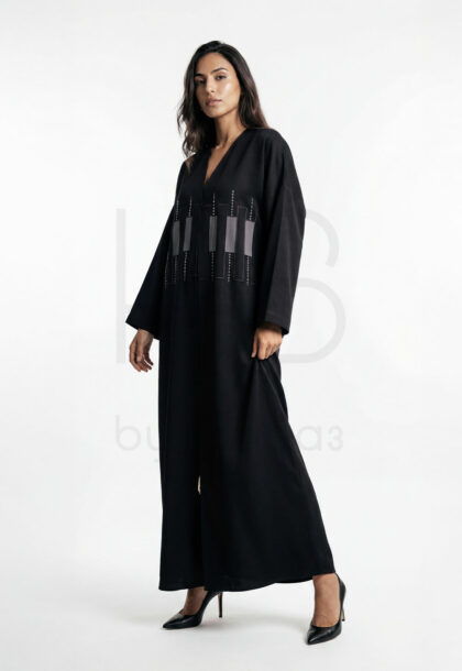 H-H2 | Modern Black Open Abaya with Geometric Beaded Panel
