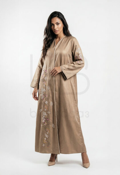 R-17 | Beige Open Abaya with Pastel Floral Embroidery