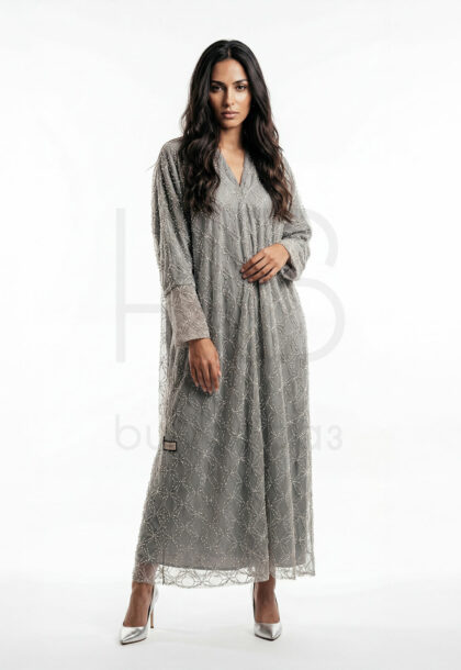 R-30 | Light Grey Beaded Abaya with All-Over Geometric Pattern