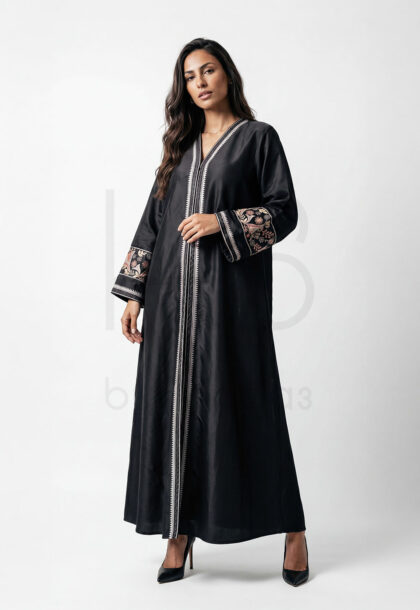 R-6 | Black Satin Open Abaya with Geometric Trim and Embroidered Cuffs