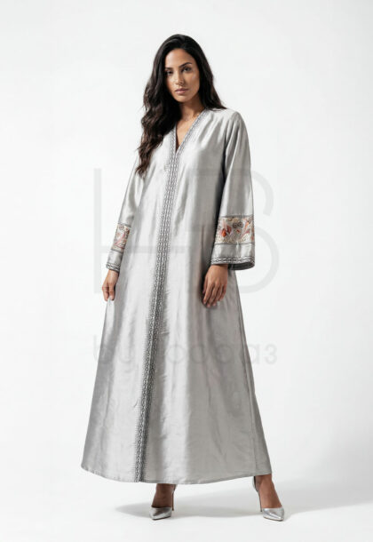 R-6 | Silver Satin Open Abaya with Geometric Trim and Embroidered Cuffs