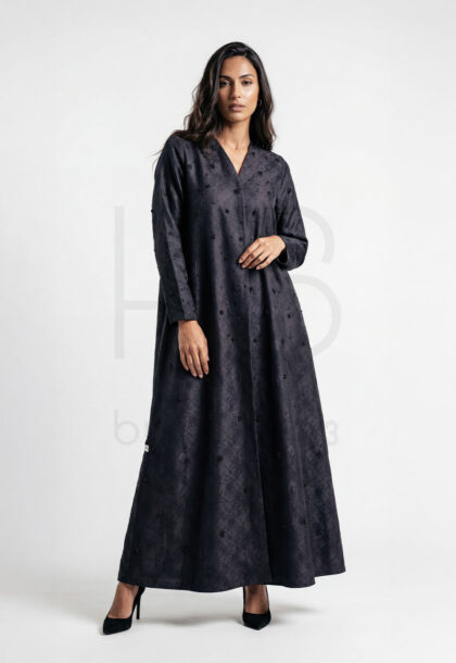 REID-17 | Charcoal Grey Textured Abaya with Scattered Bead Embellishments