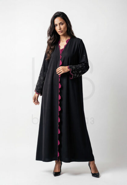 REID-255 | Black Open Abaya with Magenta Scalloped Lining and Beaded Cuffs
