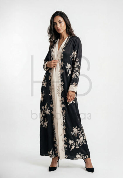 REID-99 | Black Open Abaya and Cream Inner Dress with Floral Embroidery