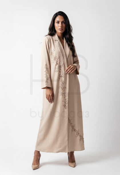 SUM-1 | Beige Open Abaya with Scattered Gold Bead Embellishments