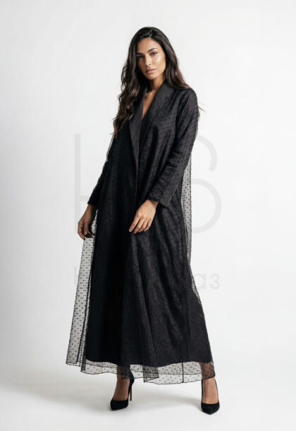 SUM-H | Black Textured Open Abaya with Sheer Polka Dot Panels