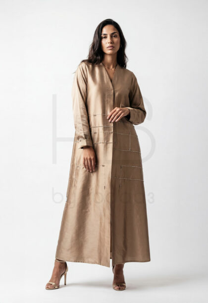 SUM-N | Two-Tone Beige and Taupe Open Abaya with Geometric Beading