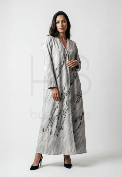 WT-2 | Light Grey Textured Open Abaya with Abstract Beaded Detail