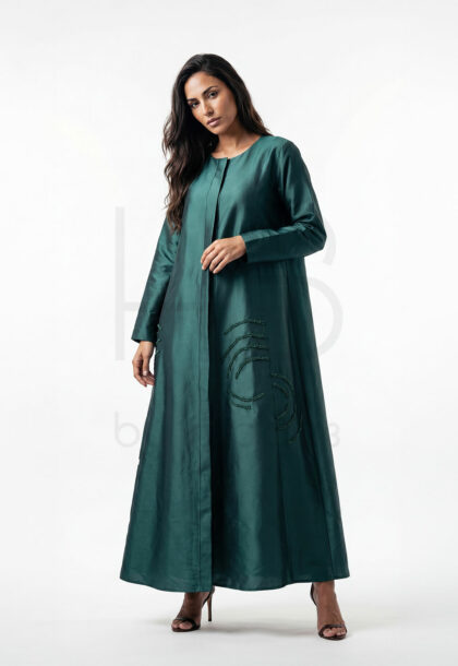 WT-22 | Emerald Green Open Abaya with Tonal Curved Beading