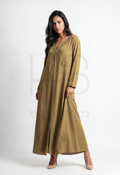 WT-3 | Olive Green Zip-Front Kaftan with Gold Embroidery